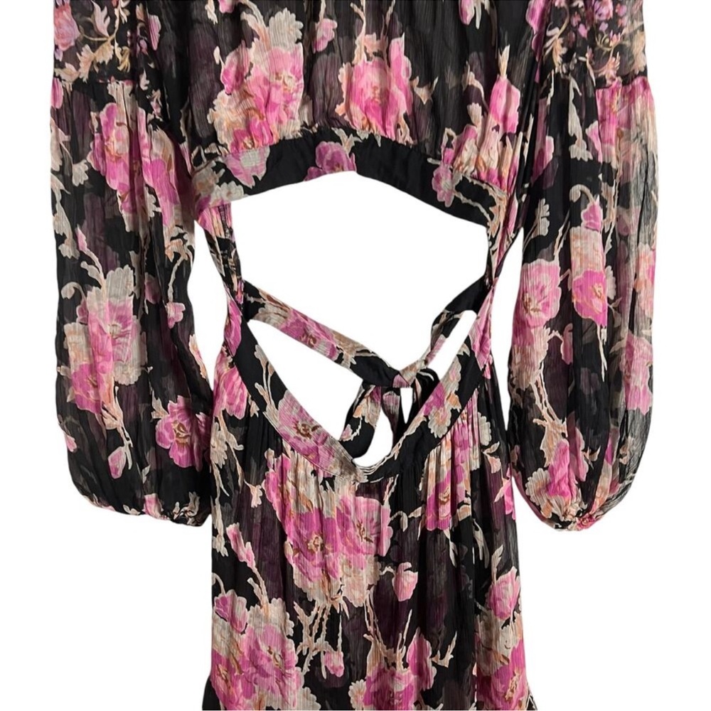 MISA Charlotta Black Pink Floral Print Long Sleeve Open Back Maxi Dress Size XL - Picture 7 of 12
